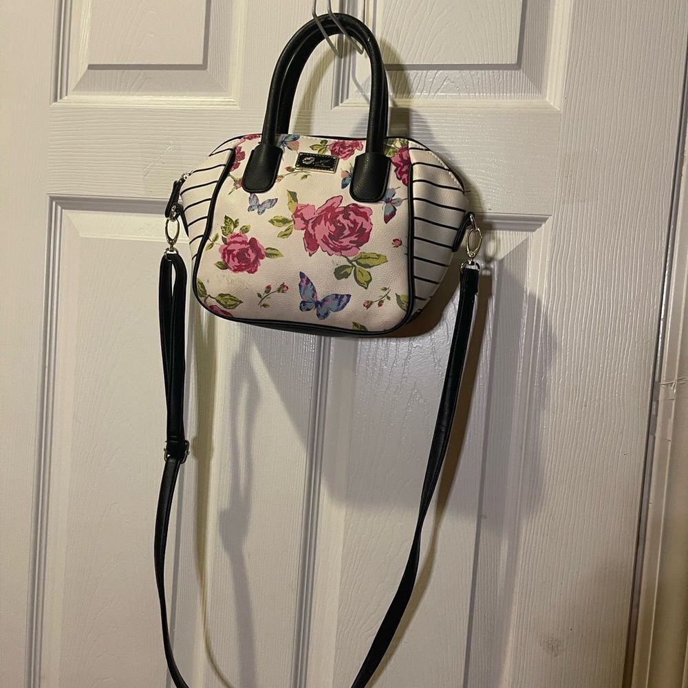 Betsey Johnson floral roses & butterflies Satchel black &white striped - Picture 5 of 9